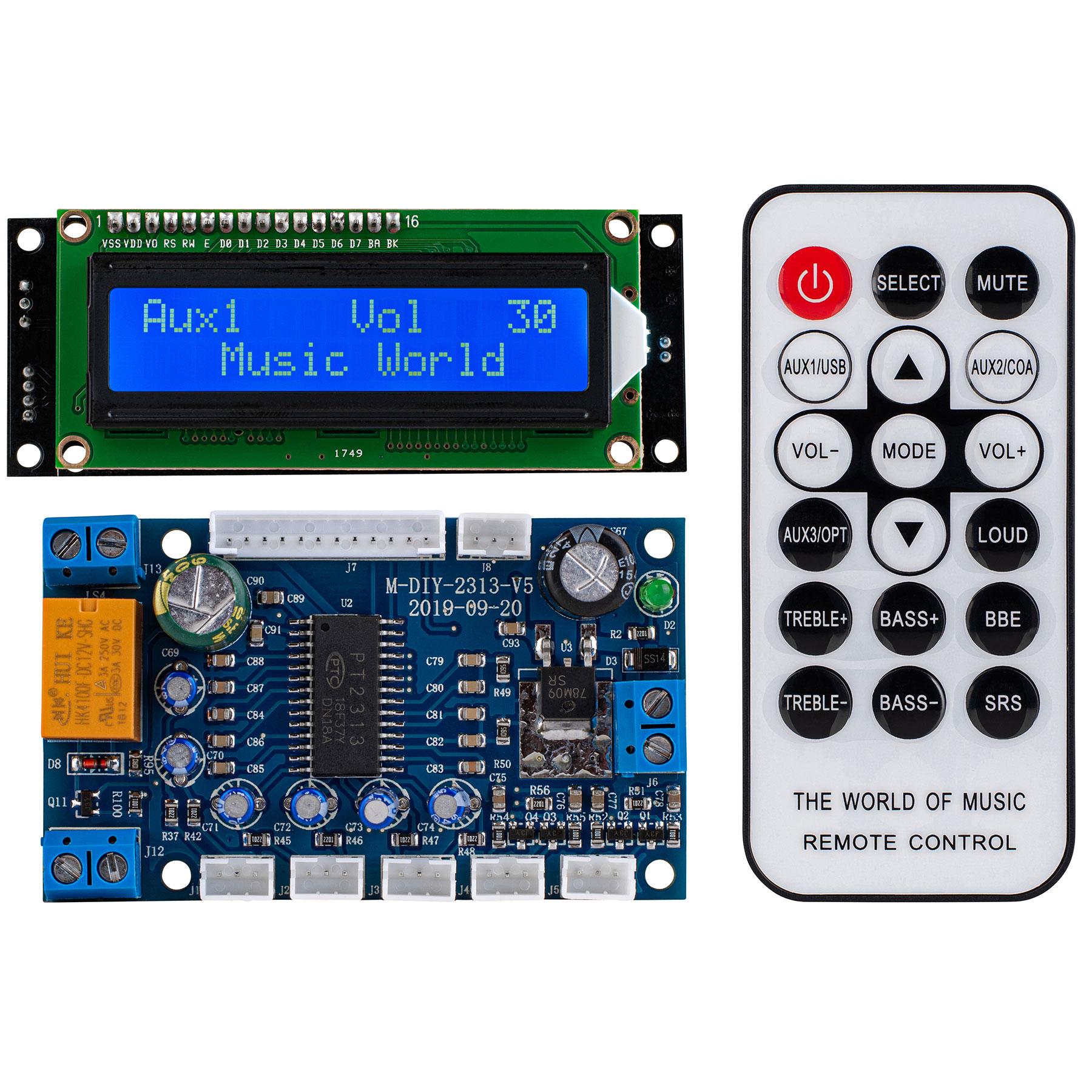 PT2313 DC 12-24V IR Remote Control Tone Preamp board with 3 Aux Inputs